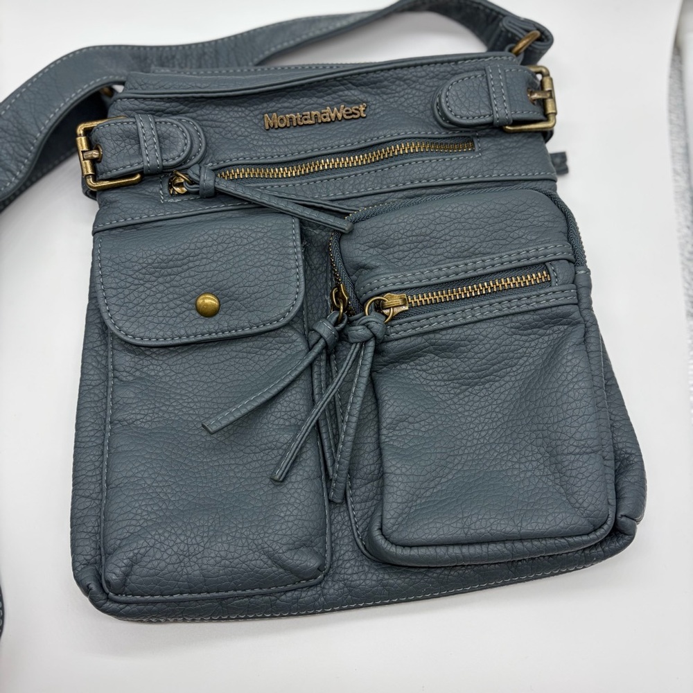 Montana West Crossbody Bag Blue Leather Multi Pocket Shoulder Medium Western